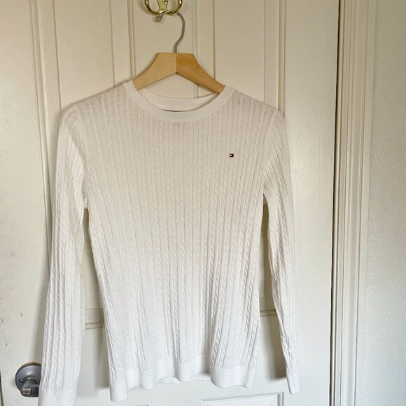 NEW Tommy Hilfiger Womens Cotton Cable Knit Sweater S White Ivory NWOT - Picture 1 of 7